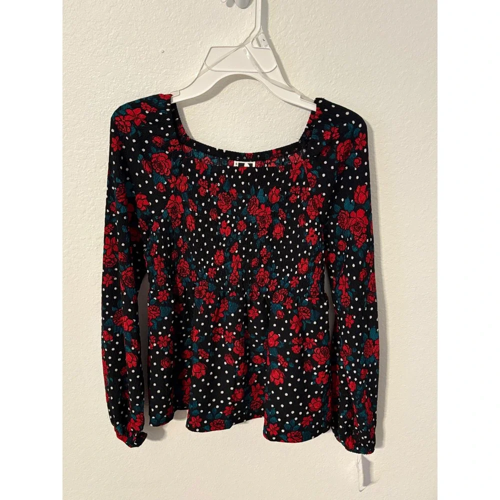 Self Esteem Girls Large Black Red Floral Smocked Peplum Top Long Sleeve